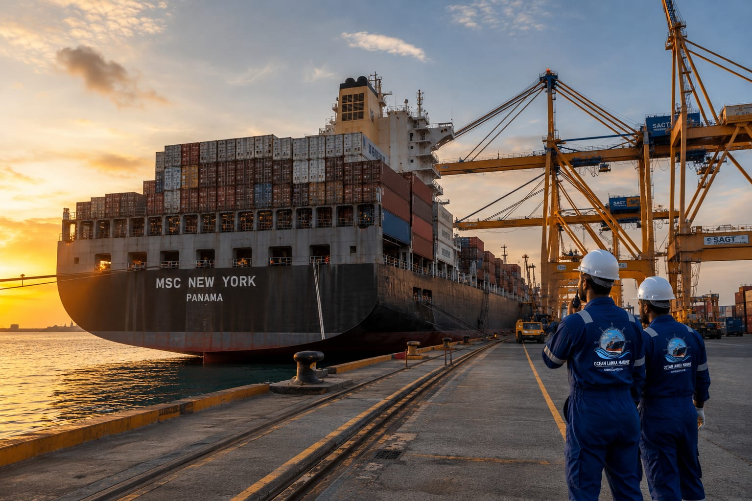 Ocean Lanka Marine team at the container terminal beside a vessel at sunset