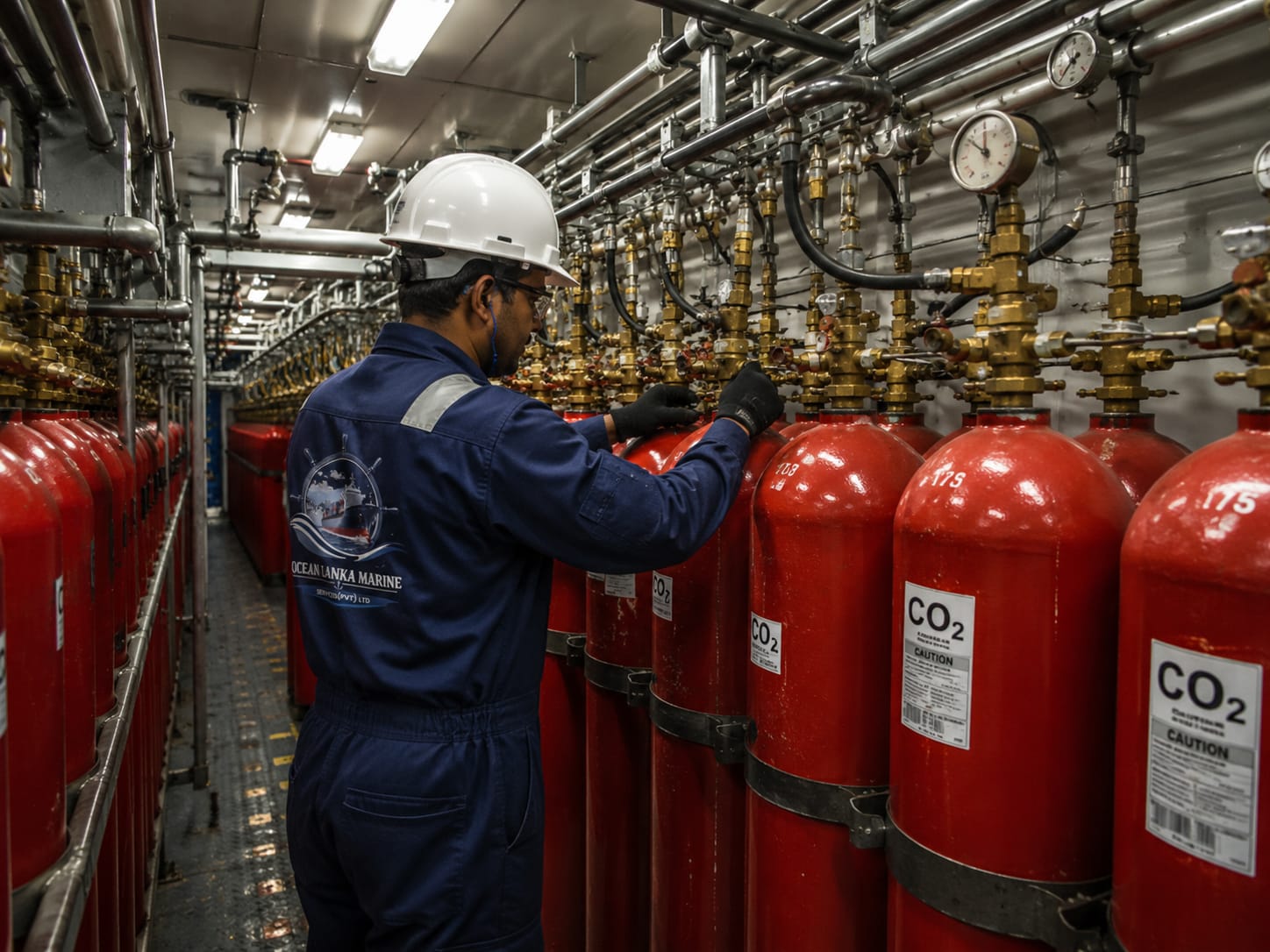Ocean Lanka Marine engineer servicing a ship's CO2 fixed fire-suppression cylinder bank