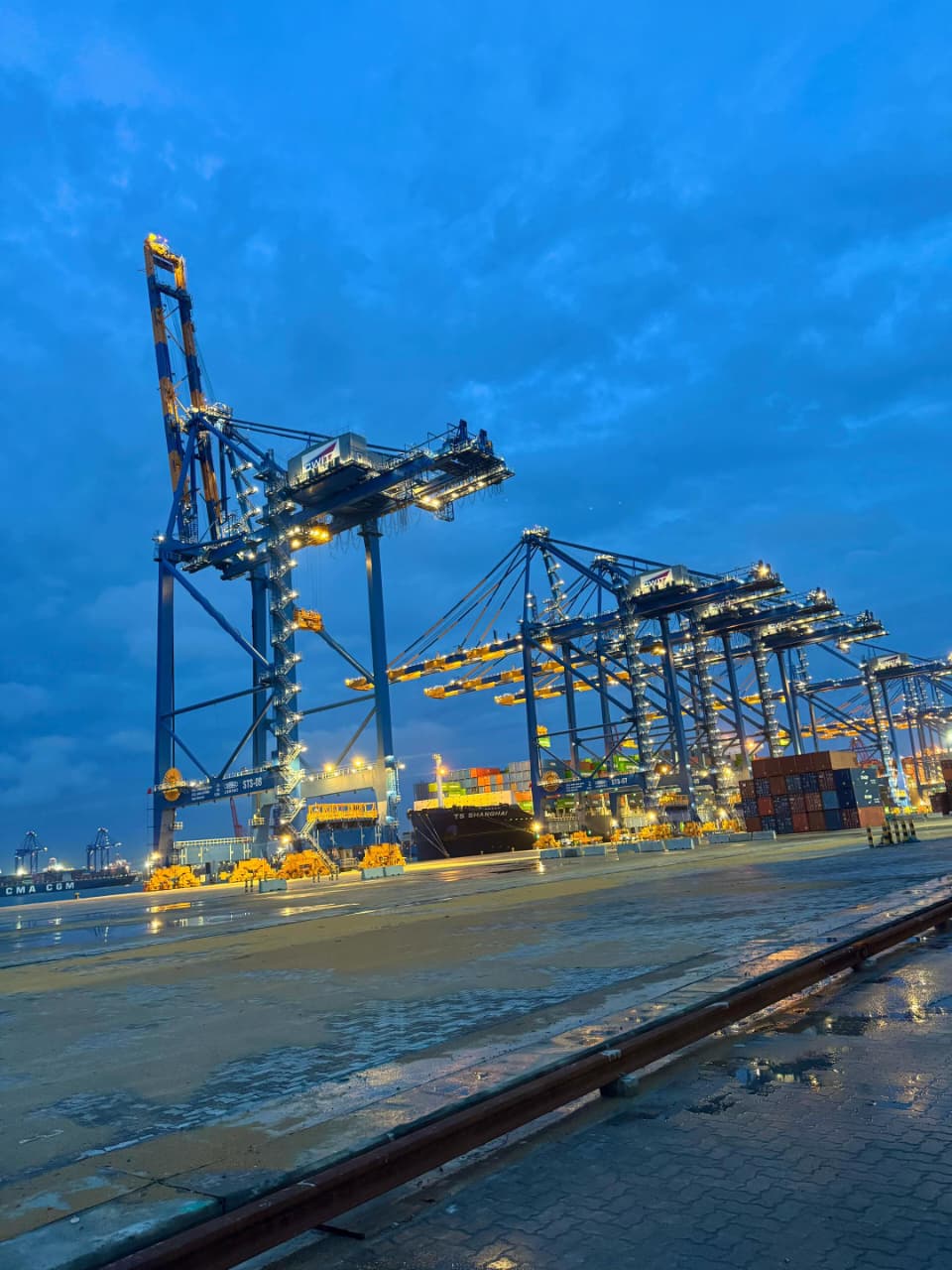 Container terminal at dusk